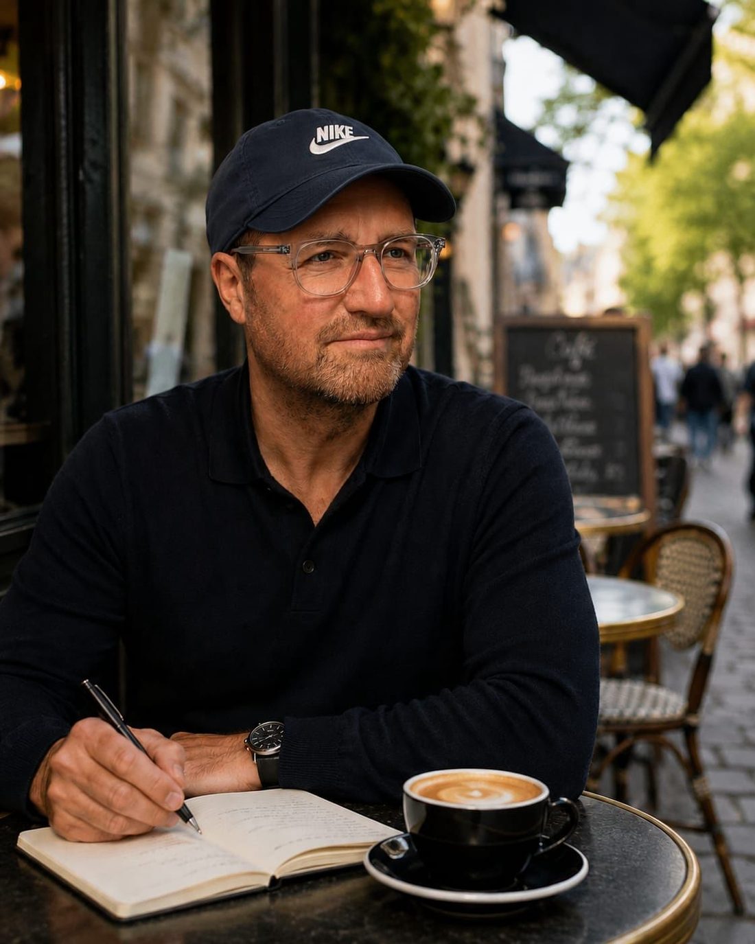 Gerry Hamill writing in a notebook at a café table