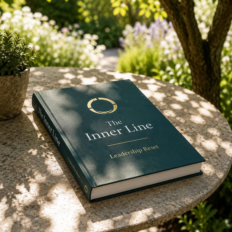 A green Inner Line Leadership Reset journal on a garden table
